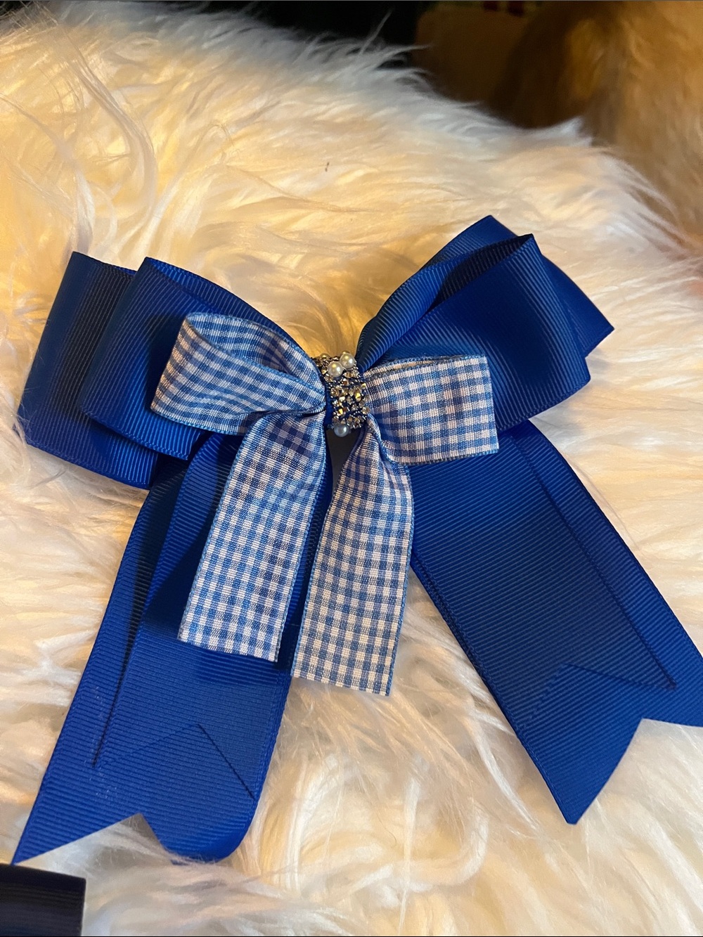 Blue Layered Bow Hair Clip with Gingham Accent